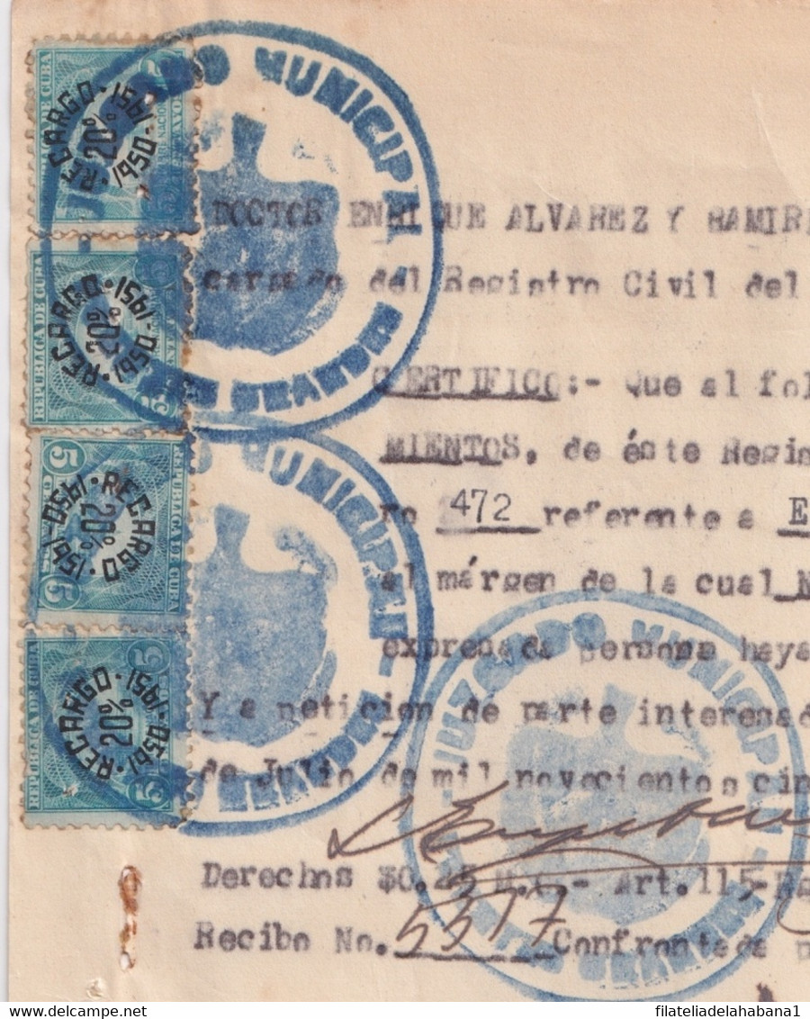REP-415 CUBA REPUBLICA (LG1916) REVENUE 1950-51 DOCS 5c (10) SELLO DEL TIMBRE RECARGO 20%. - Portomarken