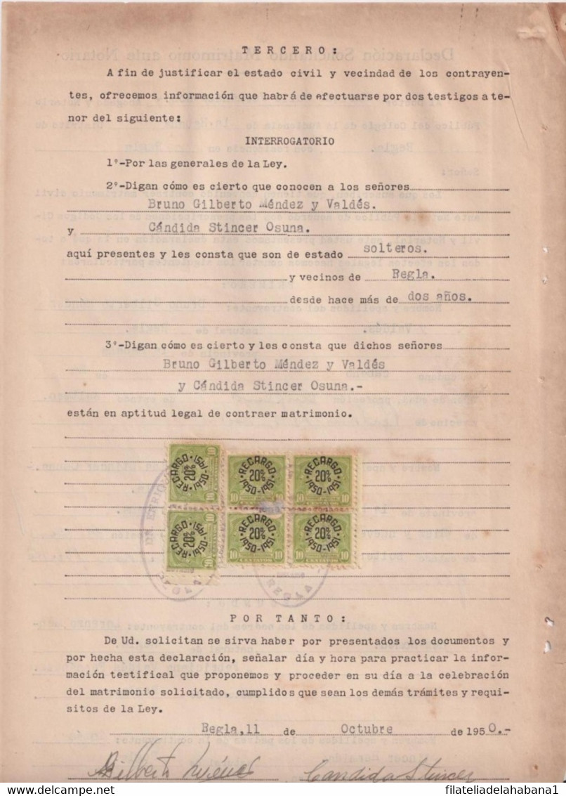 REP-416 CUBA REPUBLICA (LG1917) REVENUE 1950-51 DOCS 10c (6) SELLO DEL TIMBRE RECARGO 20%. - Portomarken