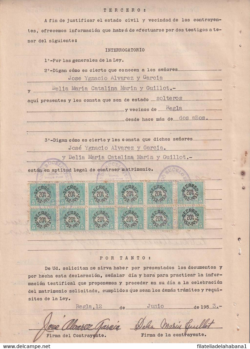 REP-417 CUBA REPUBLICA (LG1918) REVENUE 1952-53 DOCS 5c (12) SELLO DEL TIMBRE RECARGO 20%. - Timbres-taxe