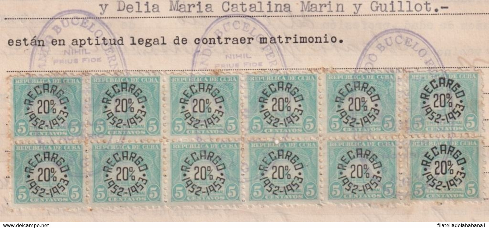 REP-417 CUBA REPUBLICA (LG1918) REVENUE 1952-53 DOCS 5c (12) SELLO DEL TIMBRE RECARGO 20%. - Timbres-taxe