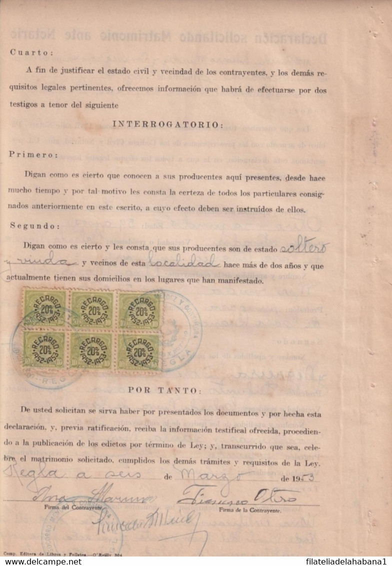 REP-418 CUBA REPUBLICA (LG1919) REVENUE 1952-53 DOCS 10c (6) SELLO DEL TIMBRE RECARGO 20%. - Portomarken