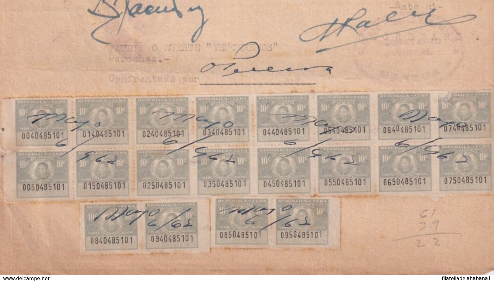 REP-420 CUBA (LG1921) REVENUE 1962 DOCS 10c (20) TIMBRE + 25c (4) JUBILACION NOTARIAL. - Impuestos