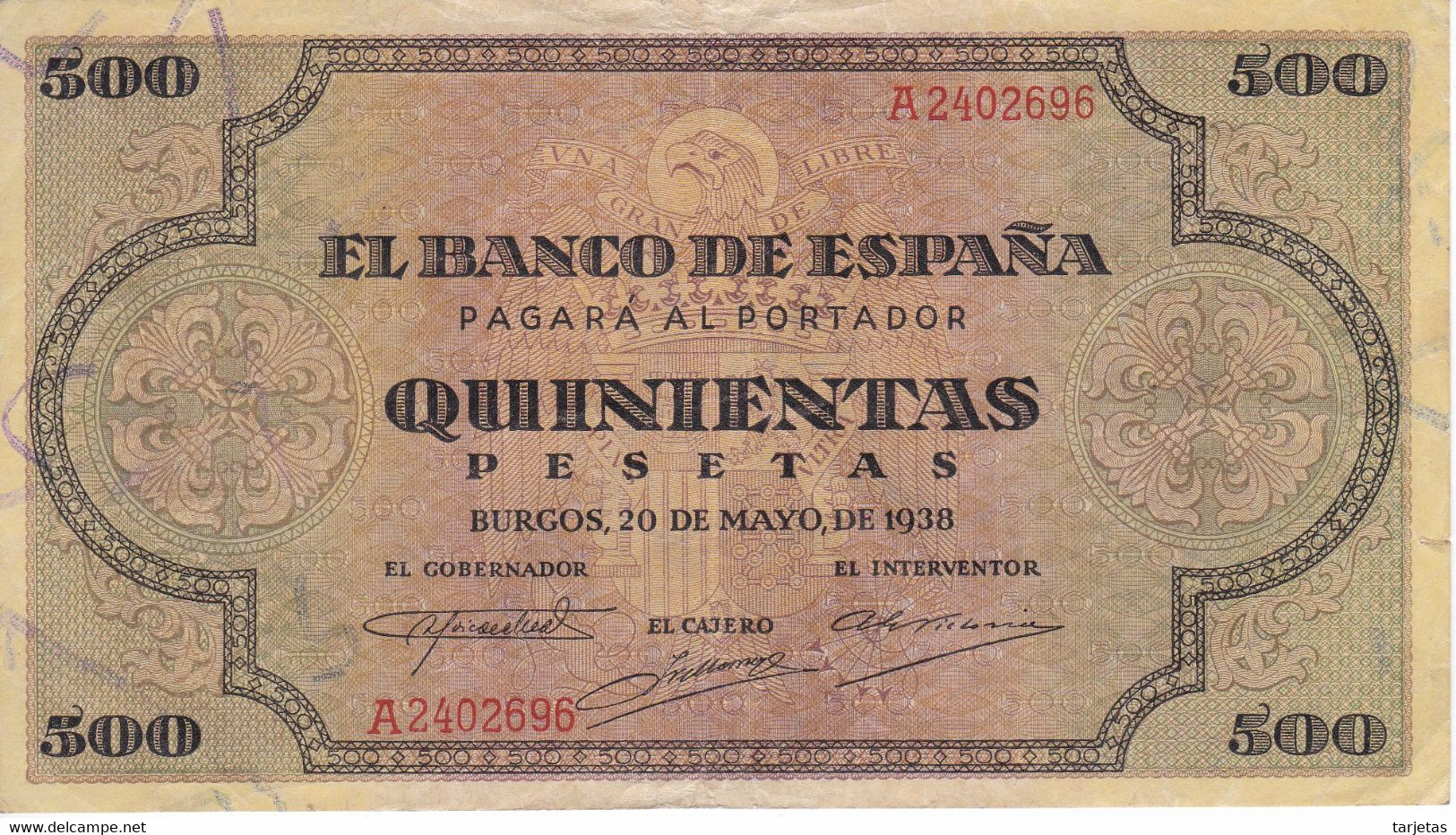 BILLETE DE ESPAÑA DE 500 PTAS DEL AÑO 1938 DE BURGOS SERIE A CALIDAD EBC (XF)  (DIFÍCIL Y RARO) - 500 Pesetas