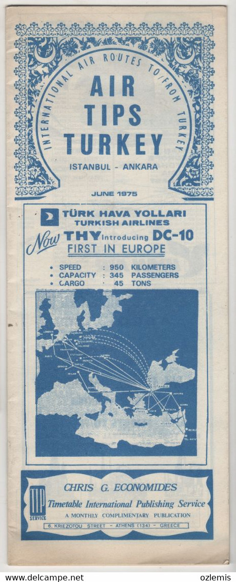 INTERNATIONAL AIR ROUTES TO FROM TURKEY -AIR TIPS TURKEY JUNE 1975 - Timetables