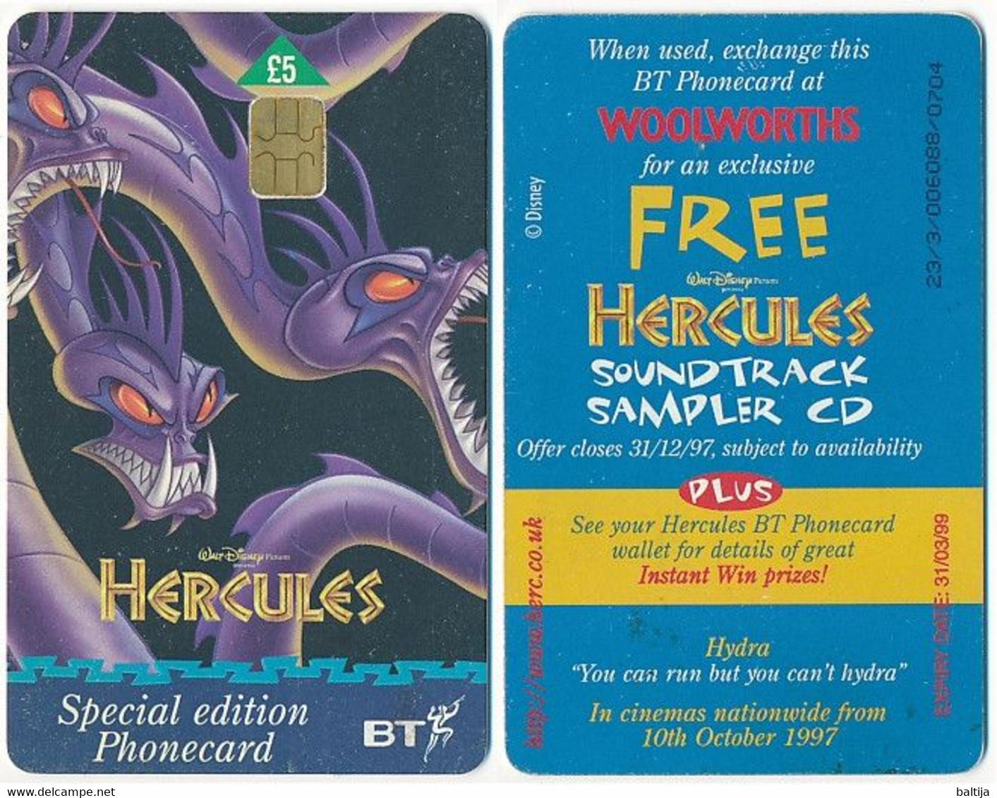 UK Exp. 31.03.1999 / Disney, Movie, Film, Hercules, Hydra / BT £5 - Used - BT Generale