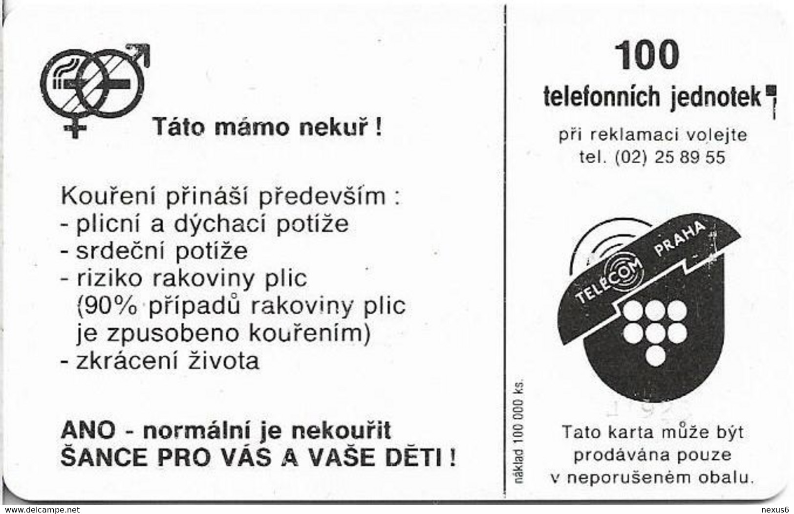 Czechoslovakia - CSFR - Mum Dad Don't Smoke! - 1992, SC5, Cn.41928, 100Units, 100.000ex, Used - Cecoslovacchia