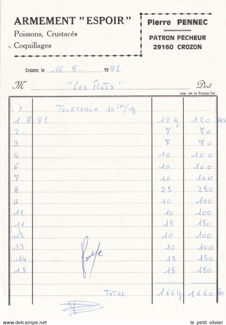 FACTURE POISSONS CRUSTACES ARMEMENT ESPOIR PIERRE PENNEC PATRON PECHEUR / AOUT 1981 / CROZON FINISTERE - 1950 - ...