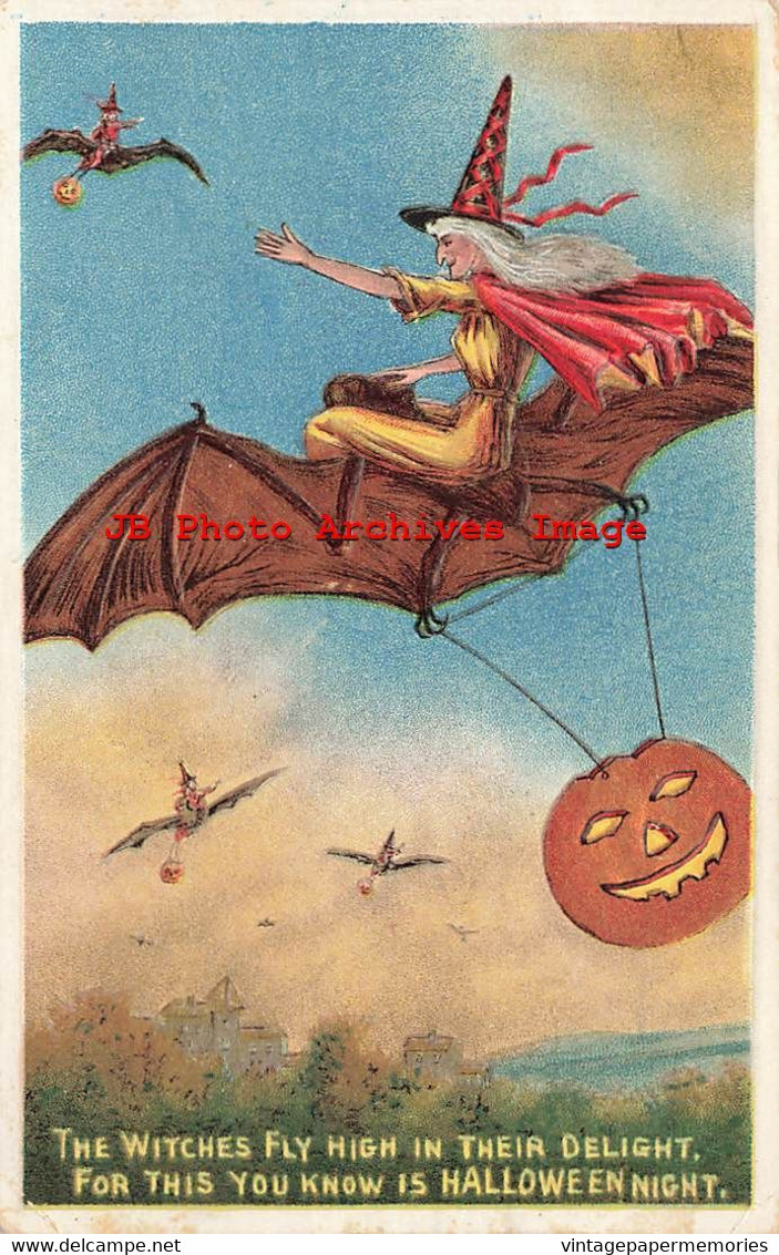 329609-Halloween, Anglo-American No 876/2, Witches Riding Bats Carrying JOLs - Halloween