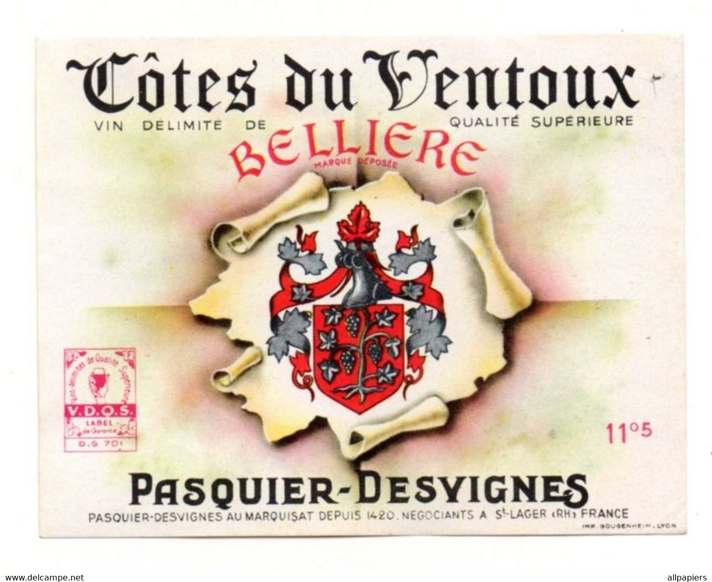 étiquette Côtes Du Ventoux Vin De Belliere Pasquier-Desvignes - Format : 12.5x9.5 Cm - Côtes Du Ventoux