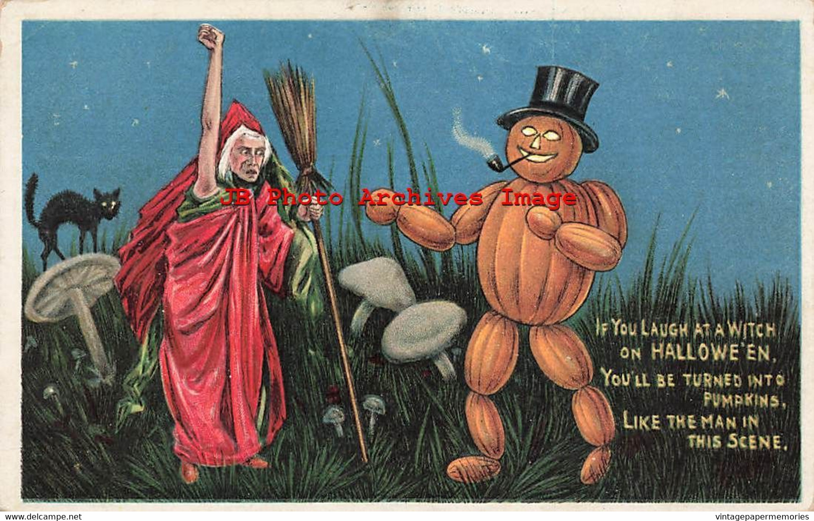 329611-Halloween, Anglo-American No 876/3, Witch & Pumpkin Man In Mushroom Field - Halloween