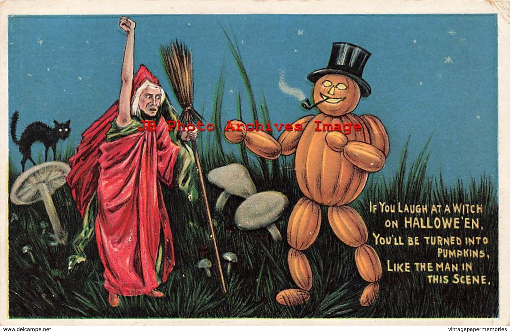 329613-Halloween, Anglo-American No 876/3, Witch & Pumpkin Man In Mushroom Field - Halloween