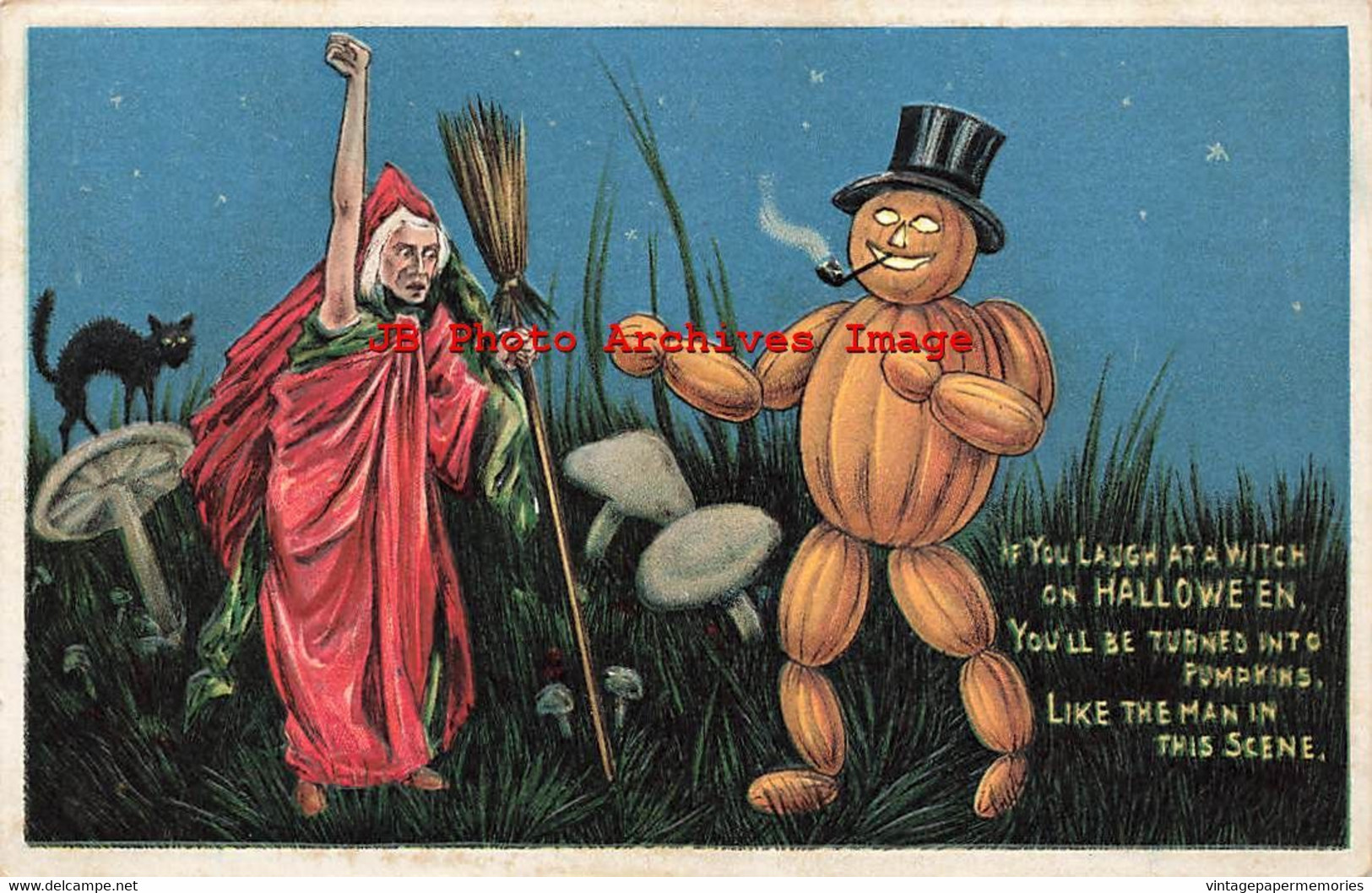329615-Halloween, Anglo-American No 876/3, Witch & Pumpkin Man In Mushroom Field - Halloween