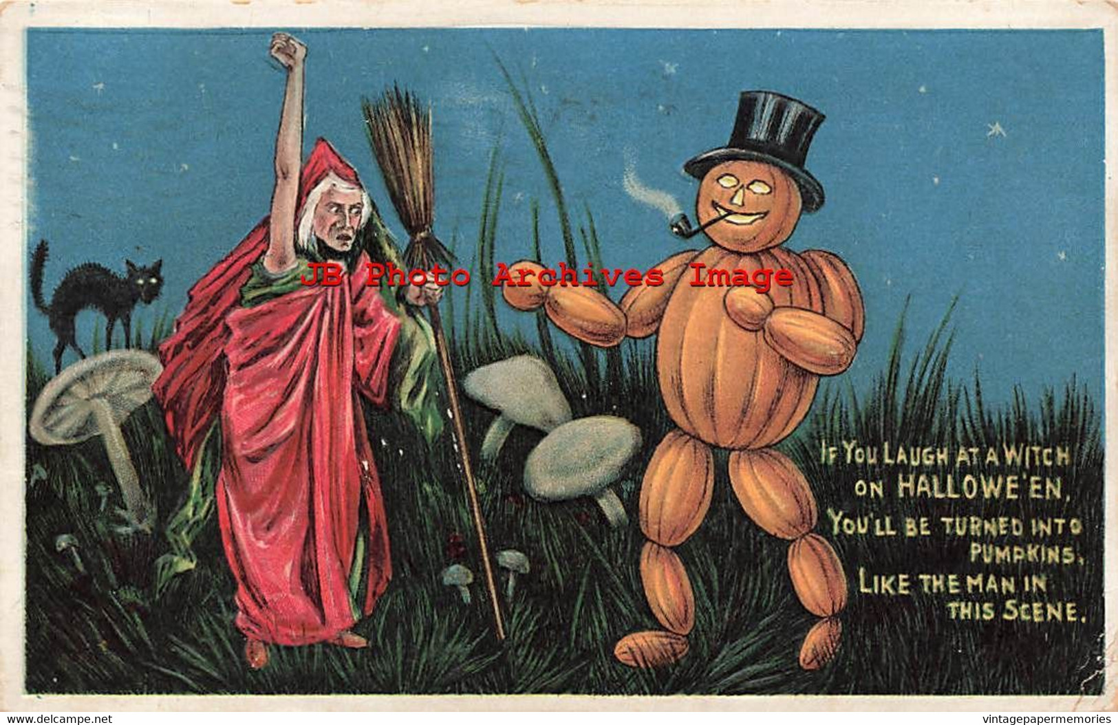 329617-Halloween, Anglo-American No 876/3, Witch & Pumpkin Man In Mushroom Field - Halloween