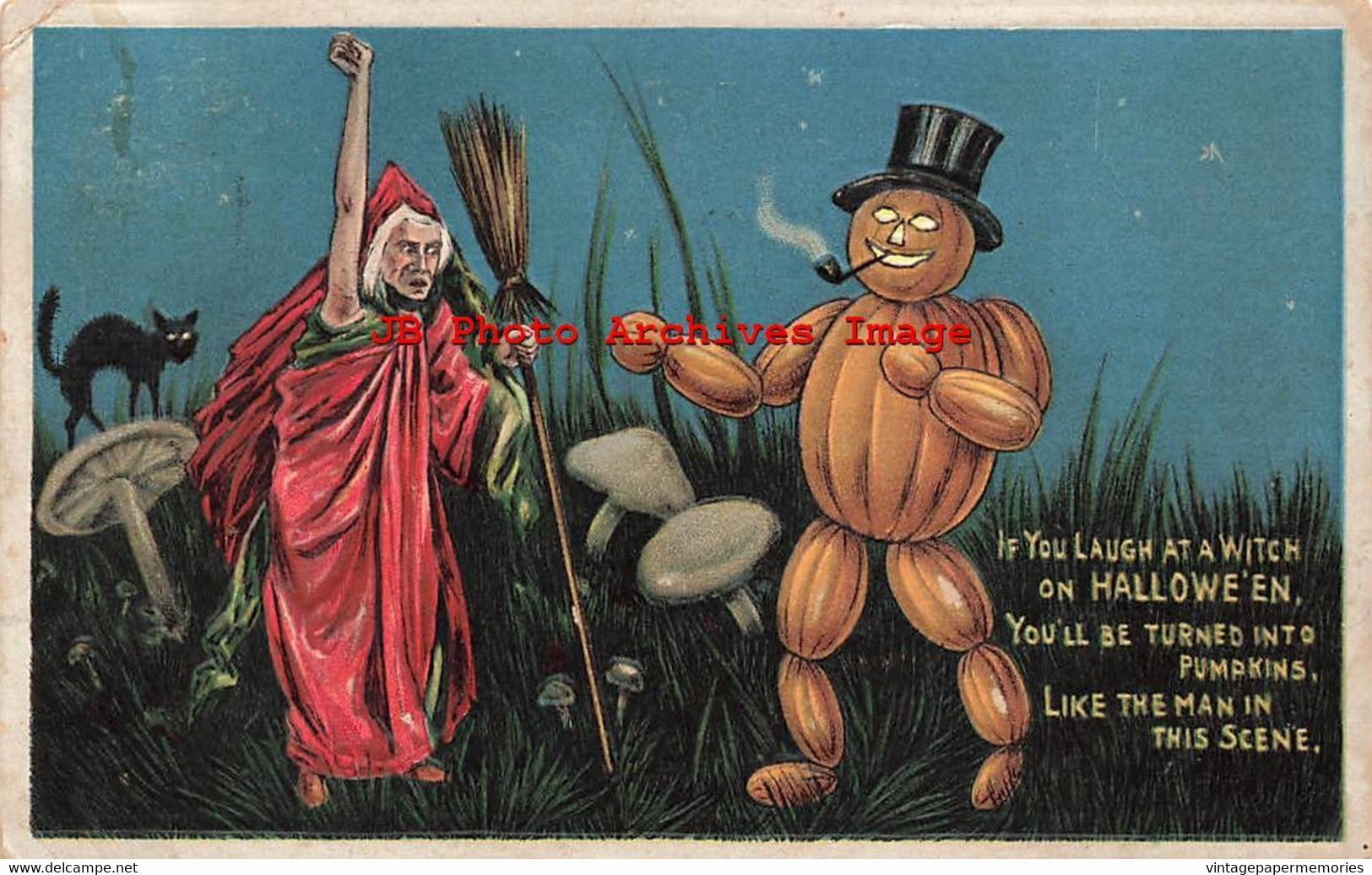 329619-Halloween, Anglo-American No 876/3, Witch & Pumpkin Man In Mushroom Field - Halloween