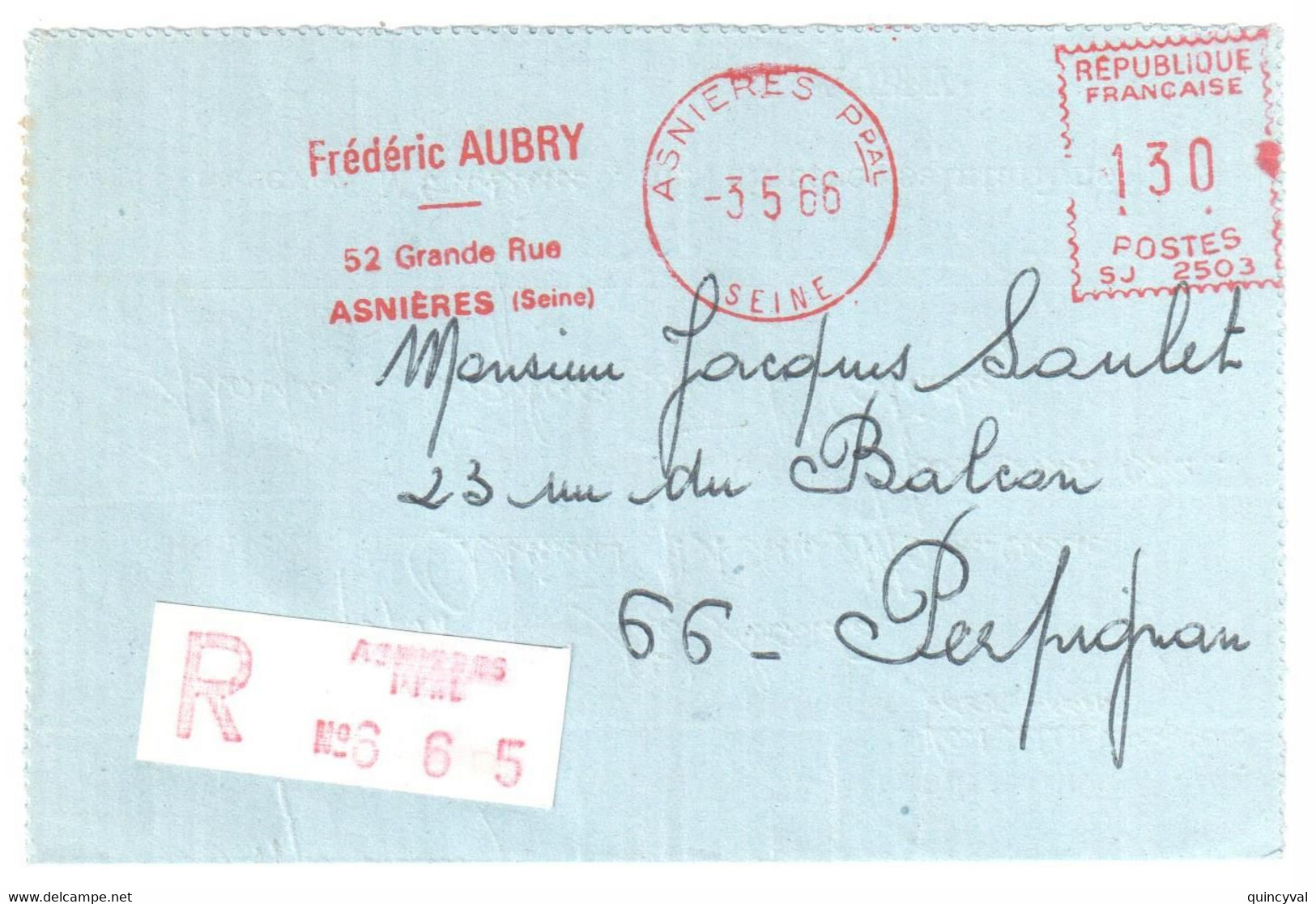 ASNIERES Ppal Seine Carte Lettre Privée Recommandée EMA Aubry SJ 2503   1,30F Ob 3 5 1966 Etiquette Reco - Freistempel
