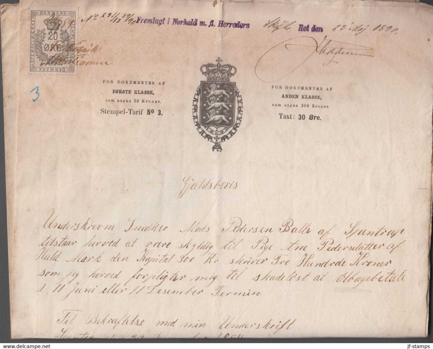 1890. DANMARK. Gjældsbevis DANMARK STEMPELMÆRKE 20 ØRE Spentrup Den 23 December 1884.... () - JF367113 - Fiscali