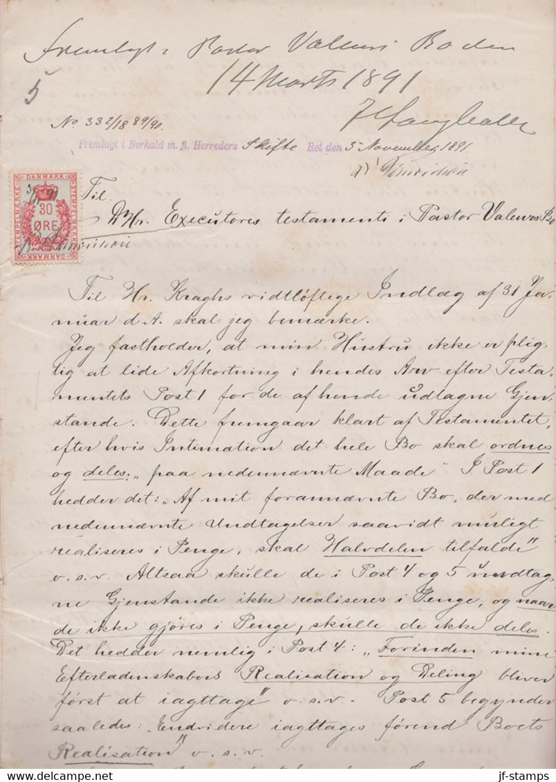 1891. DANMARK. Document Related To The Distribution Of Inheritance On 20 Handwritten ... () - JF367114 - Fiscali