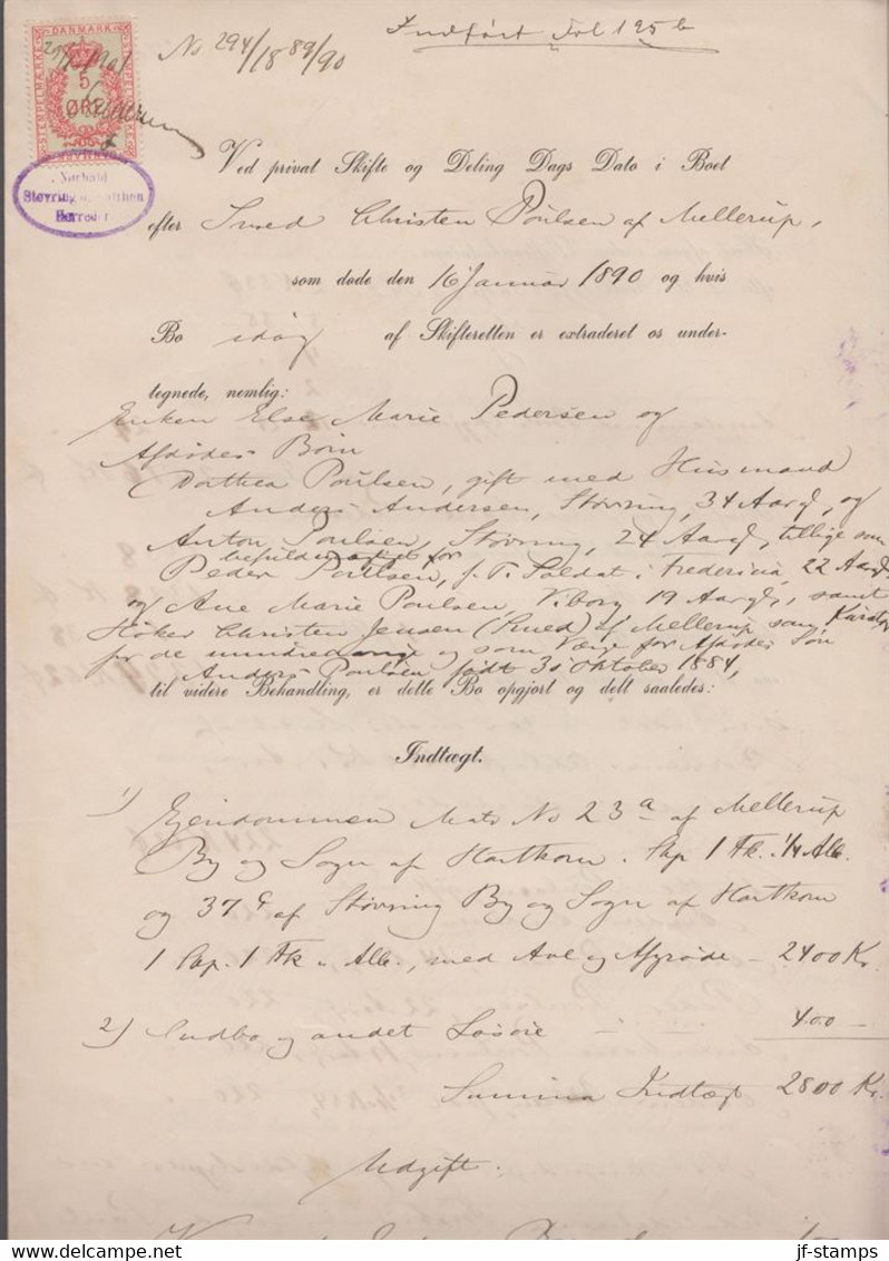 1901. DANMARK. Document (skifte) With DANMARK STEMPELMÆRKE 5 ØRE 19/10 1901.  Nørhald... () - JF367126 - Fiscali