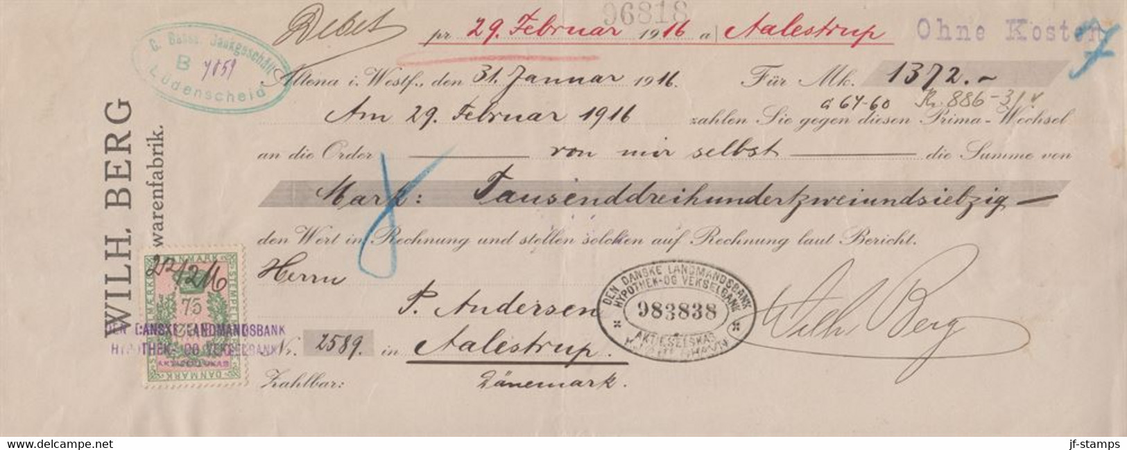 1916. DANMARK. Document (Prima Wechsel Mk 1372) With DANMARK STEMPELMÆRKE 75 ØRE PERF... () - JF367128 - Steuermarken