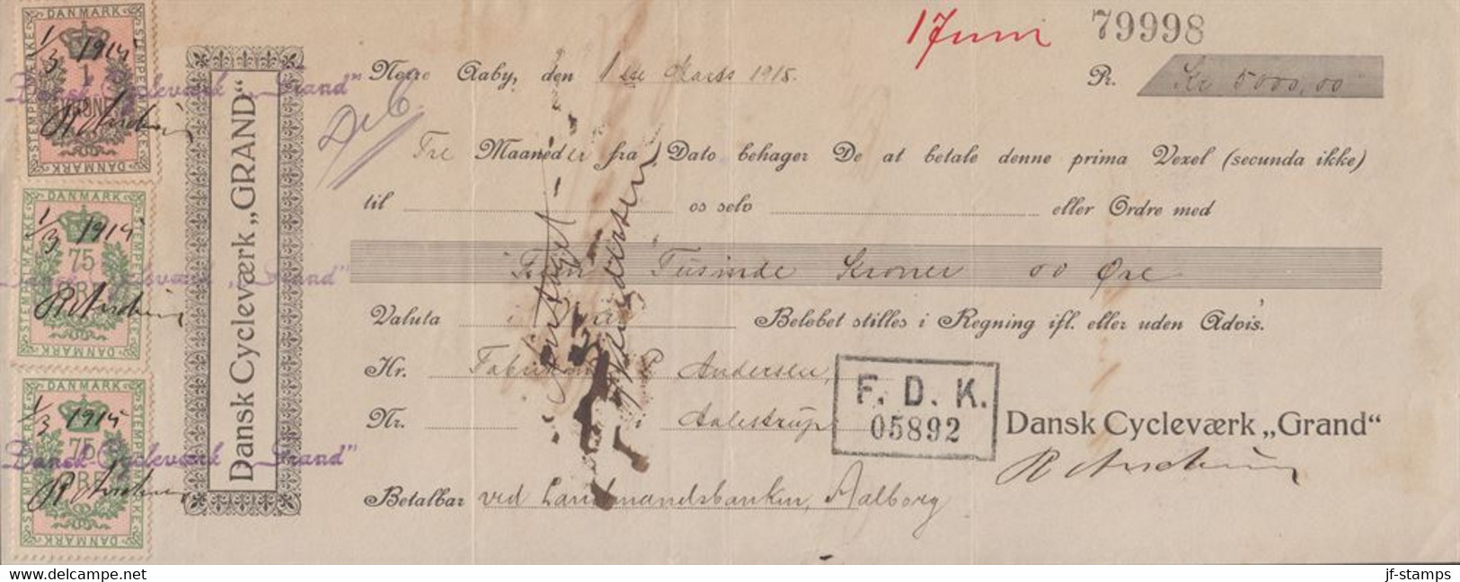 1915. DANMARK. Document (Prima Wexel Kr. 5000) With DANMARK STEMPELMÆRKE 2 Ex 75 ØRE ... () - JF367130 - Steuermarken