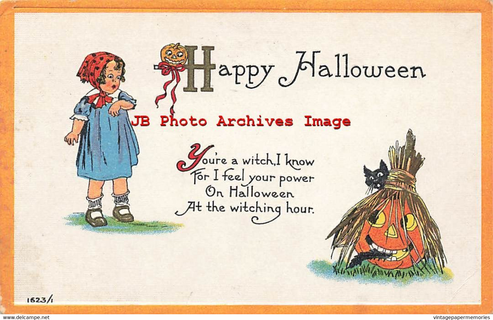 329645-Halloween, Bergman 1915 No 1623/1-2, Girl Surprised By Black Cat Caught In Jack O Lantern - Halloween