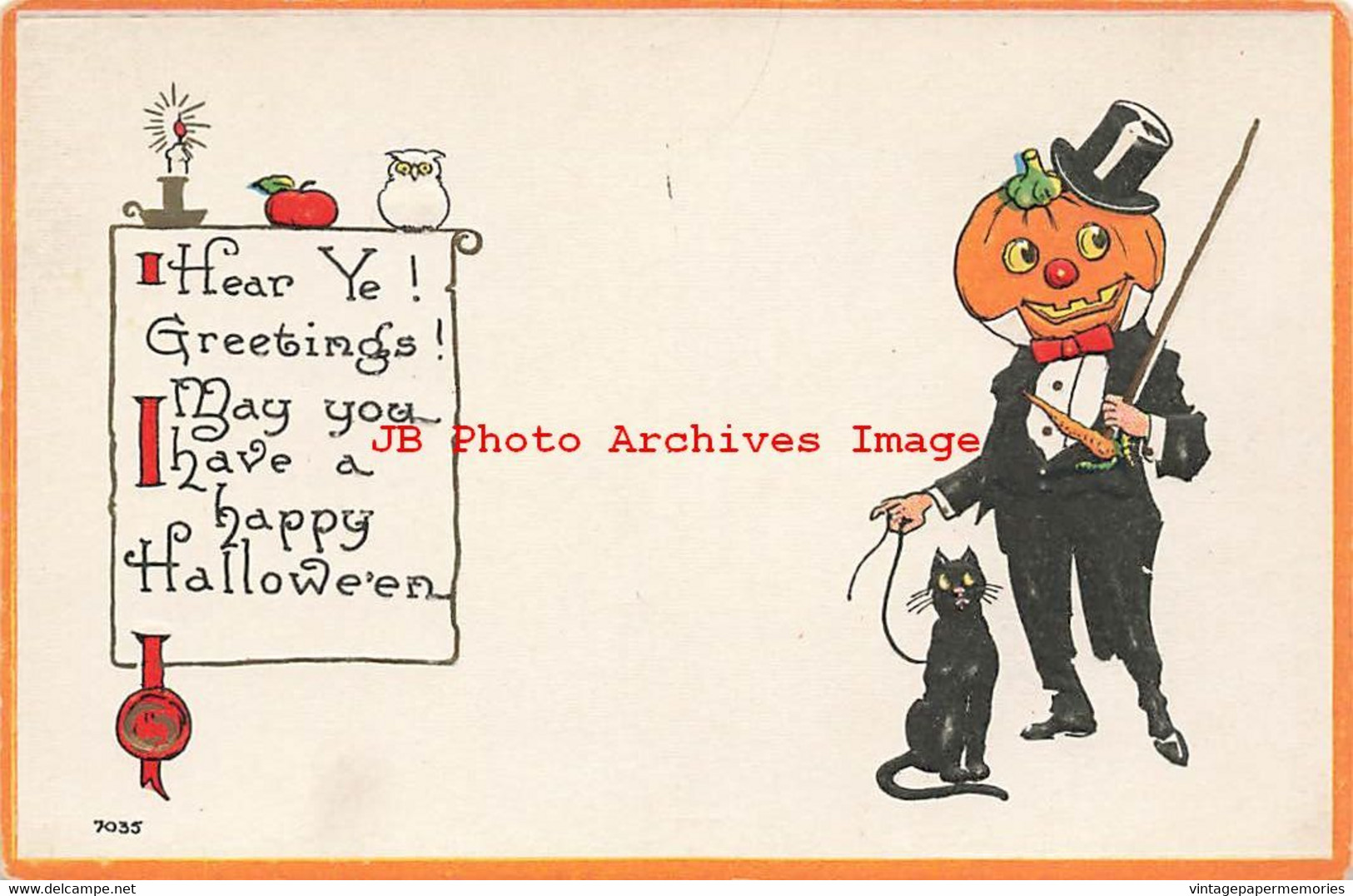 325083-Halloween, Bergman 1913 No 7035-2, Jack O Lantern Man In Tuxedo Holding Black Cat By String - Halloween