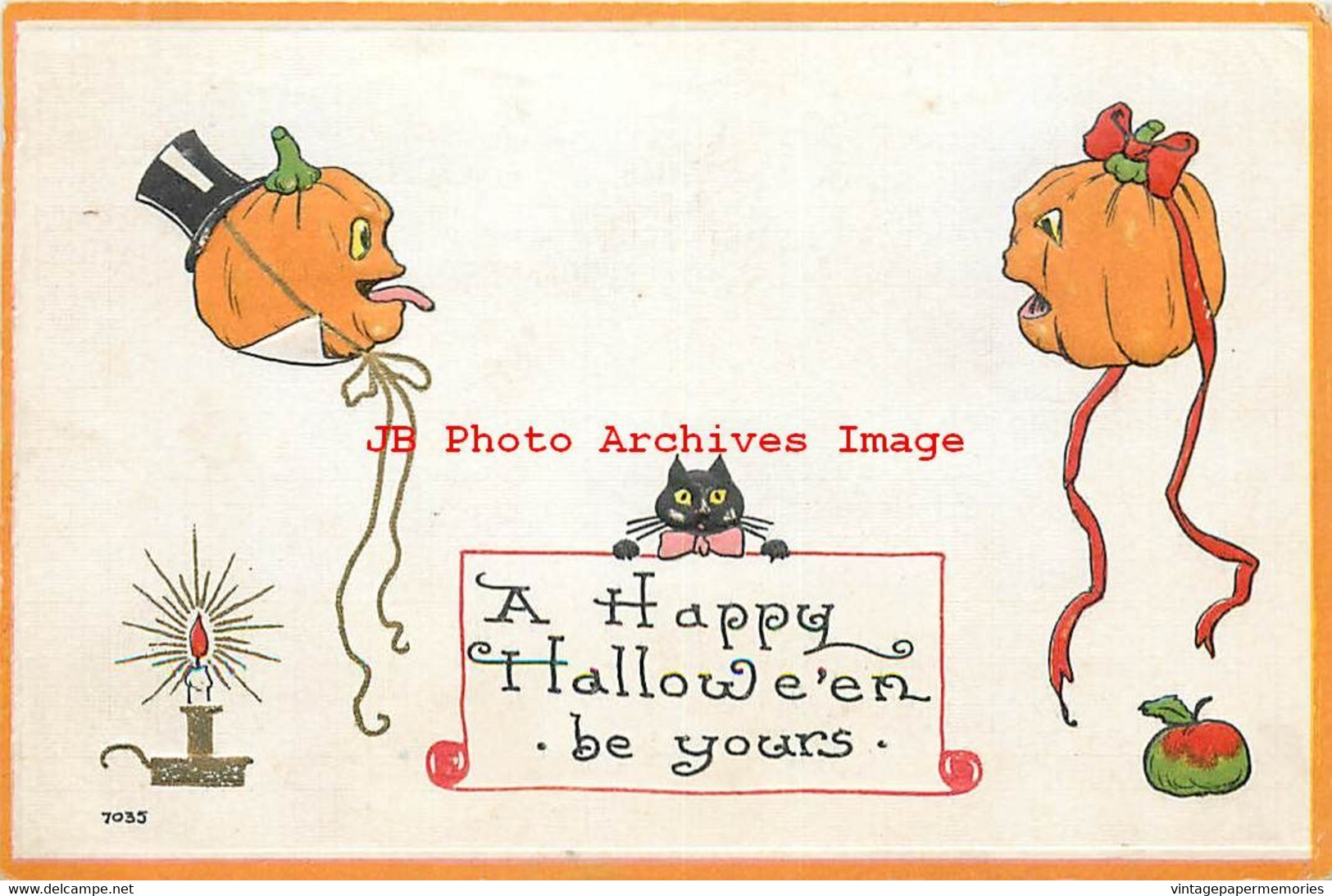 282373-Halloween, Bergman 1913 No 7035-3, Jack O Lanterns Facing Each Other, Black Cat - Halloween