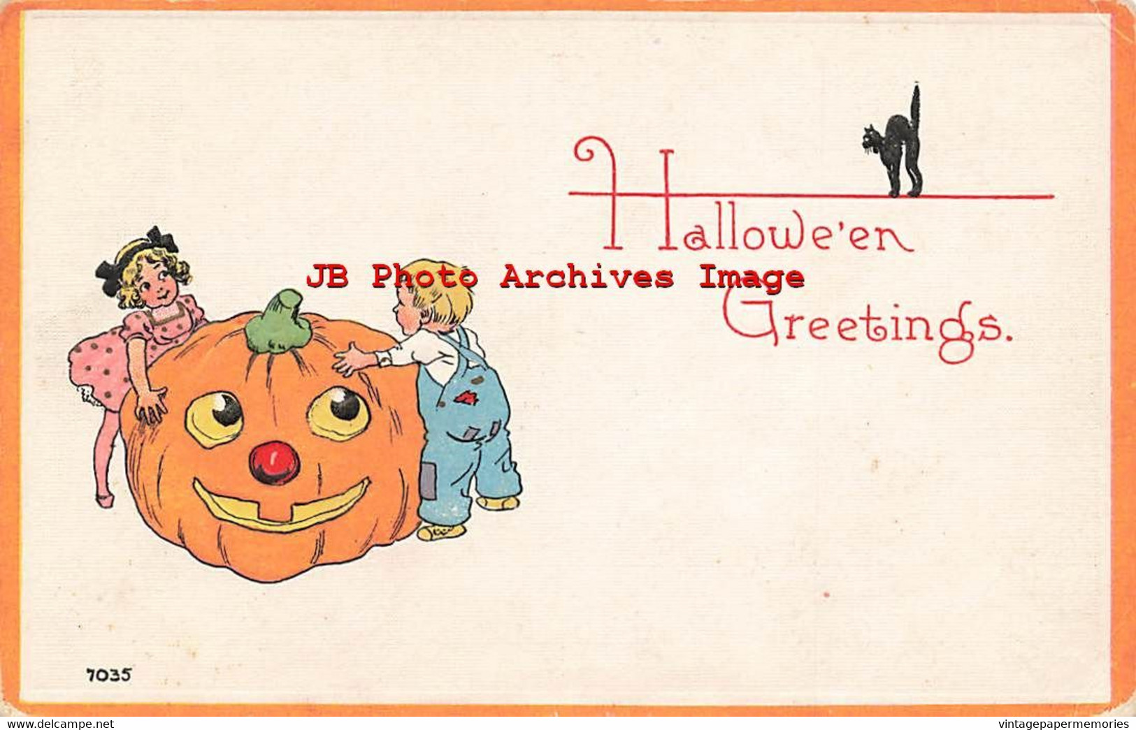 329667-Halloween, Bergman 1913 No 7035-5, Young Boy & Girl Trying To Move Large Jack O Lantern - Halloween