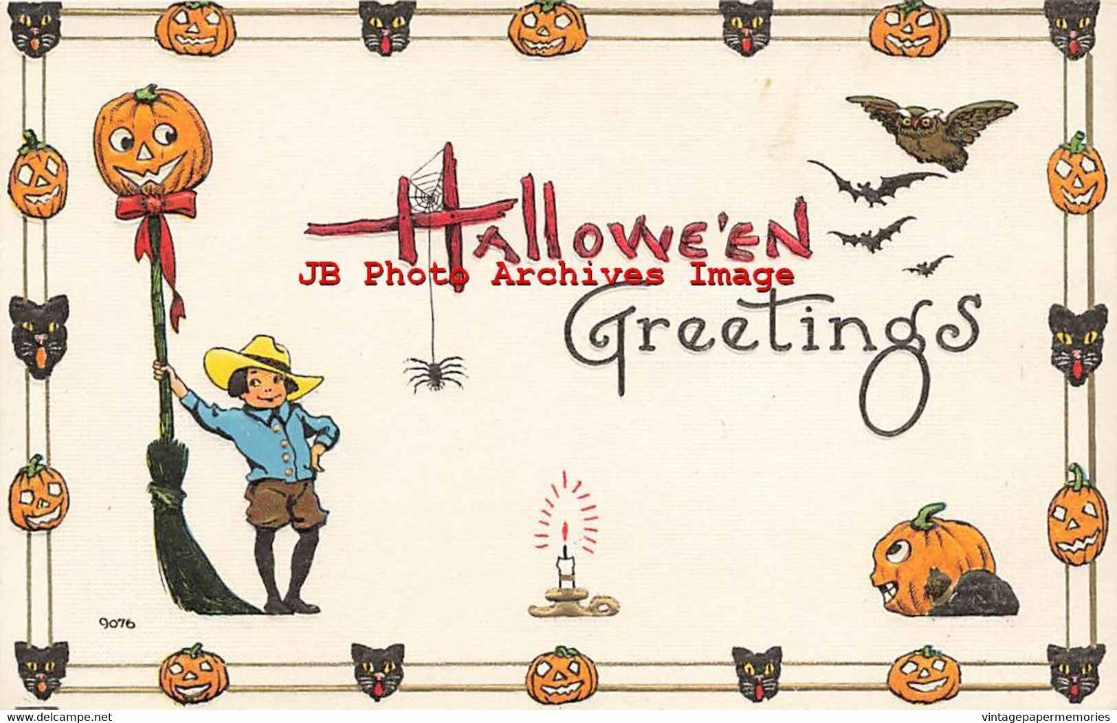329683-Halloween, Bergman 1913 No 9076-3, Boy Leaning On Jack O Lantern Head Broom - Halloween