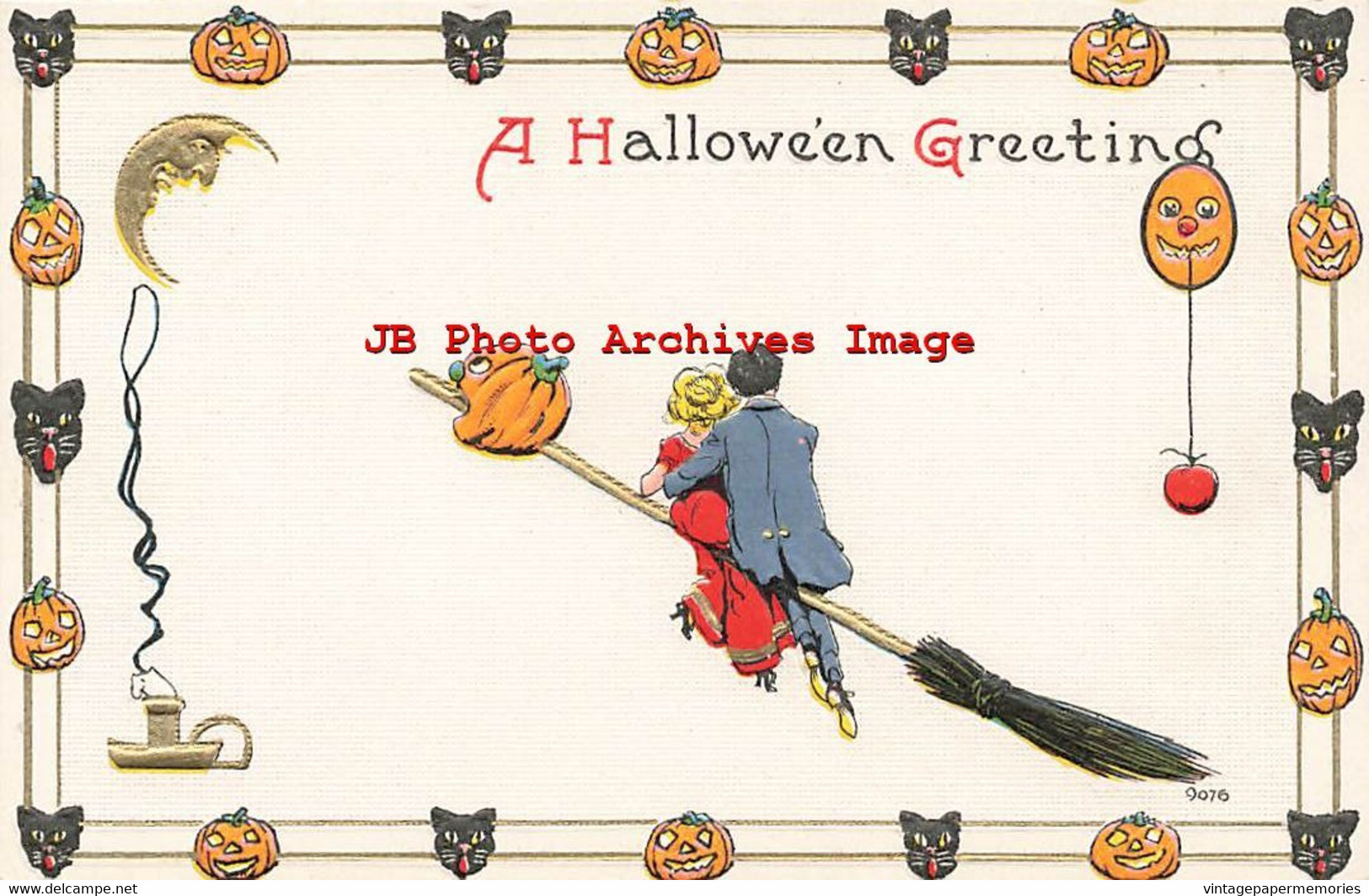 329689-Halloween, Bergman 1913 No 9076-6, Couple Riding A Jack O Lantern Head Broom - Halloween