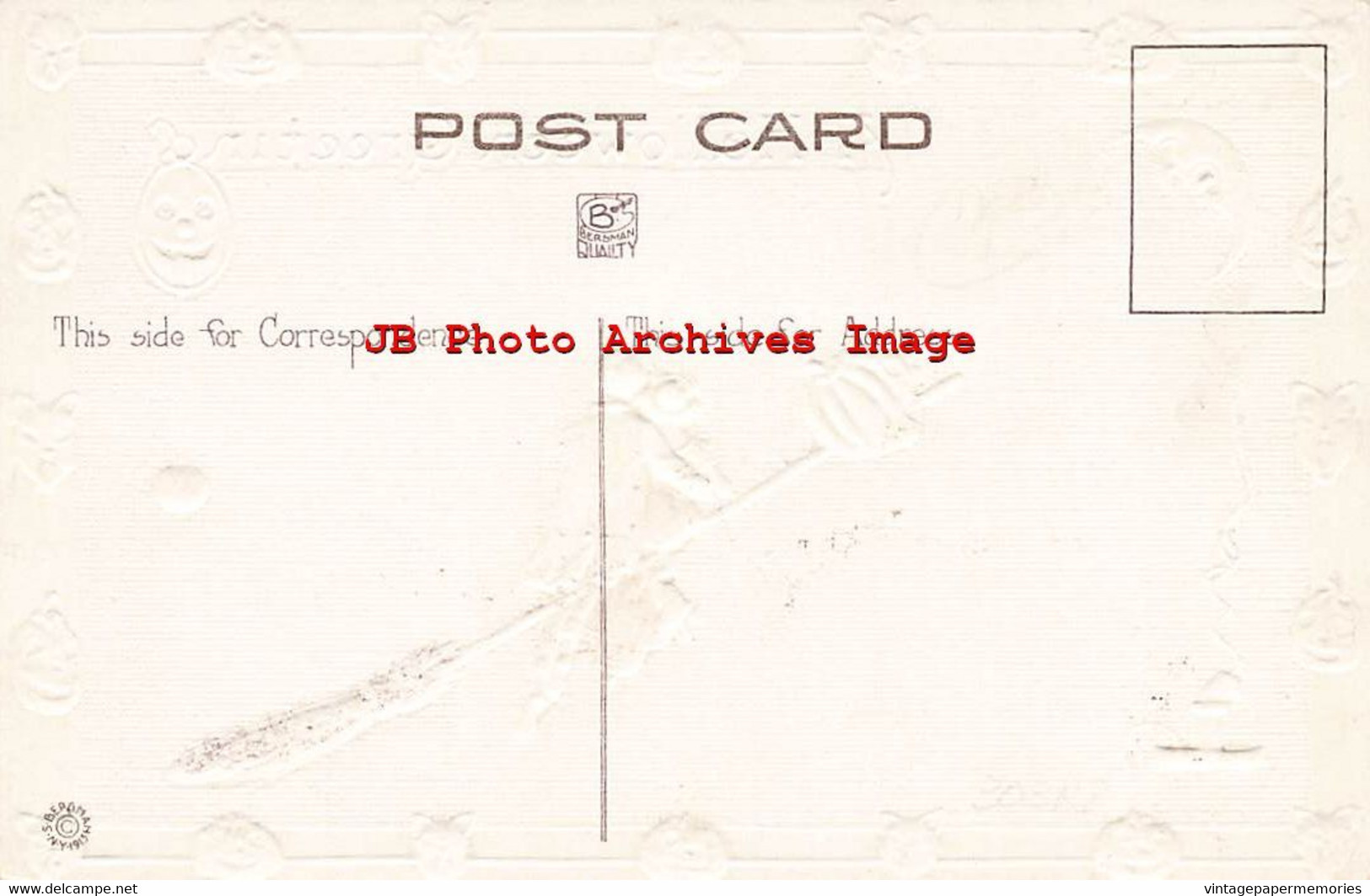 329689-Halloween, Bergman 1913 No 9076-6, Couple Riding A Jack O Lantern Head Broom - Halloween