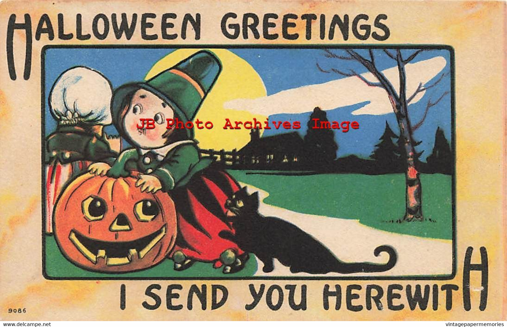 329695-Halloween, Bergman 1913 No 9086-1, Black Cat With A Dutch Boy Leaning On A Jack O Lantern - Halloween