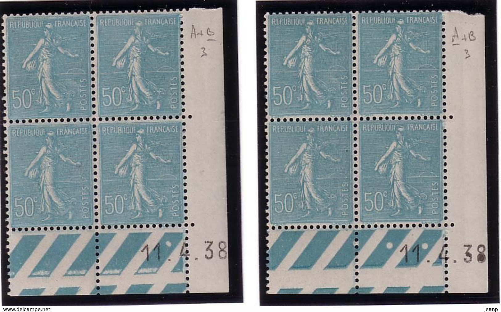 50c Semeuse Lignée, Yvert 362, A+B3 11-4-38, Cote 40 Euros, ** - ....-1929