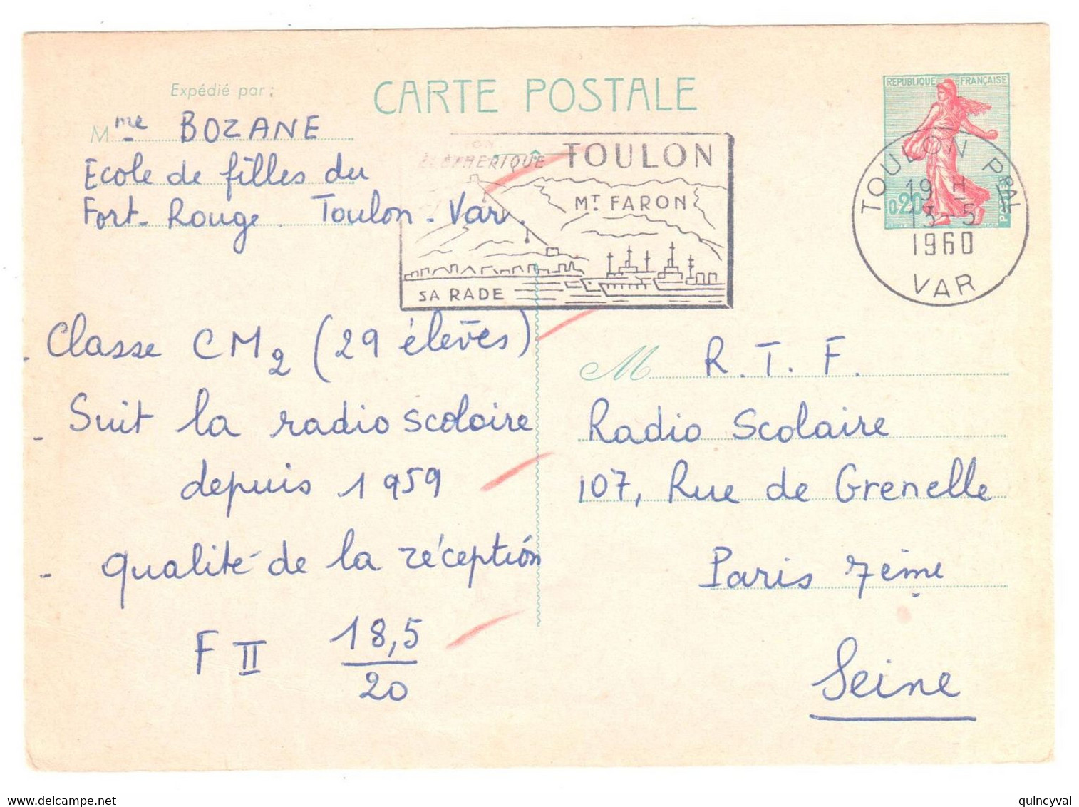 TOULON Ppal Var Carte Postale Entier 0,20F Semeuse Ob Meca 3 5 1960 Yv 1233-CP1 - Cartes Postales Types Et TSC (avant 1995)