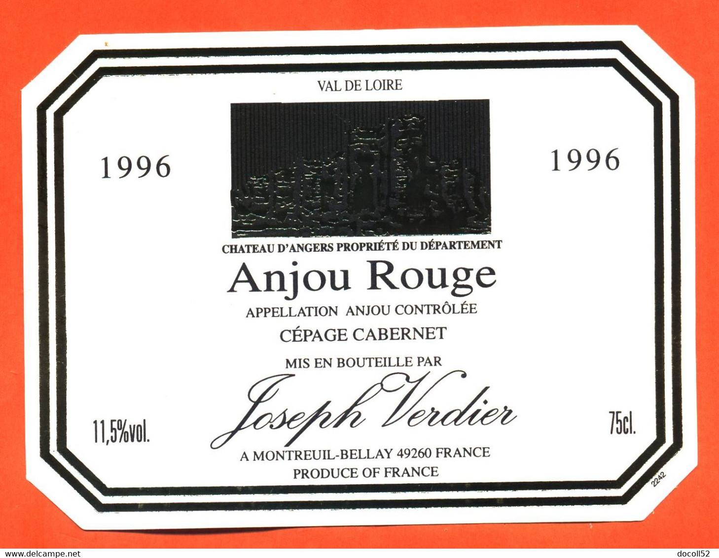 étiquette De Vin D'anjou Rouge 1996 Joseph Verdier à Montreuil Bellay  "  75 Cl - Vin De Pays D'Oc
