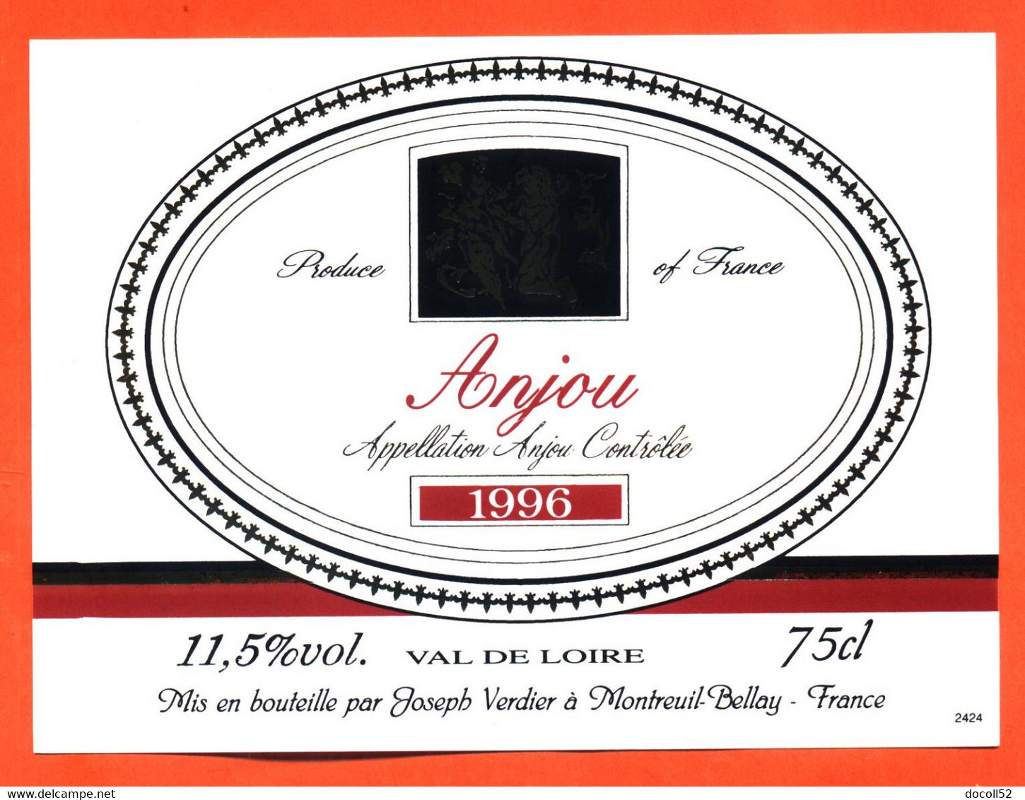 étiquette De Vin D'anjou Rouge 1996 Joseph Verdier à Montreuil Bellay  "  75 Cl - Vin De Pays D'Oc