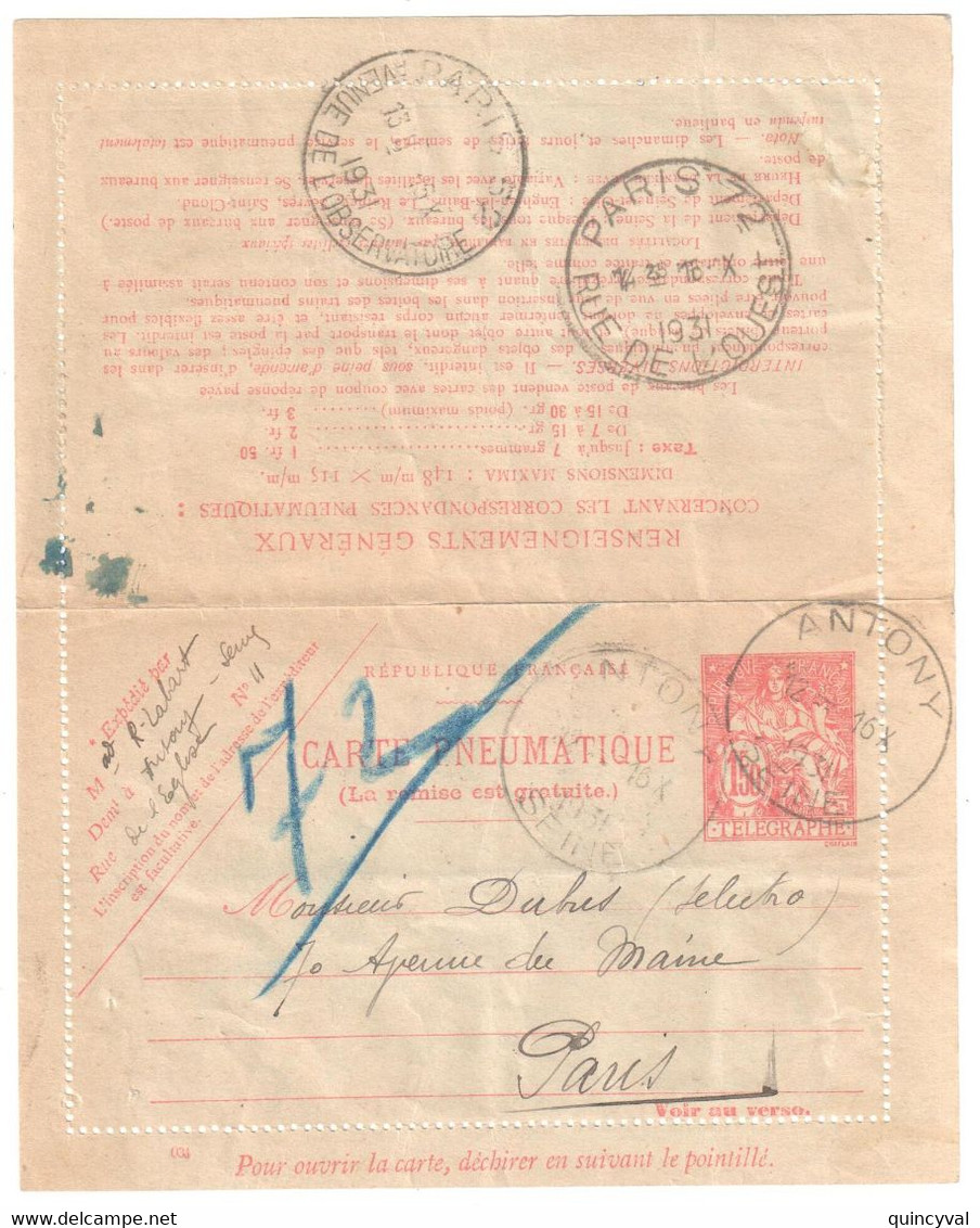 ANTONY Pneumatique Carte Lettre Entier 1,50F Chaplain Dest Paris 72 Yv 2604 CLPP Ob 1931 - Rohrpost