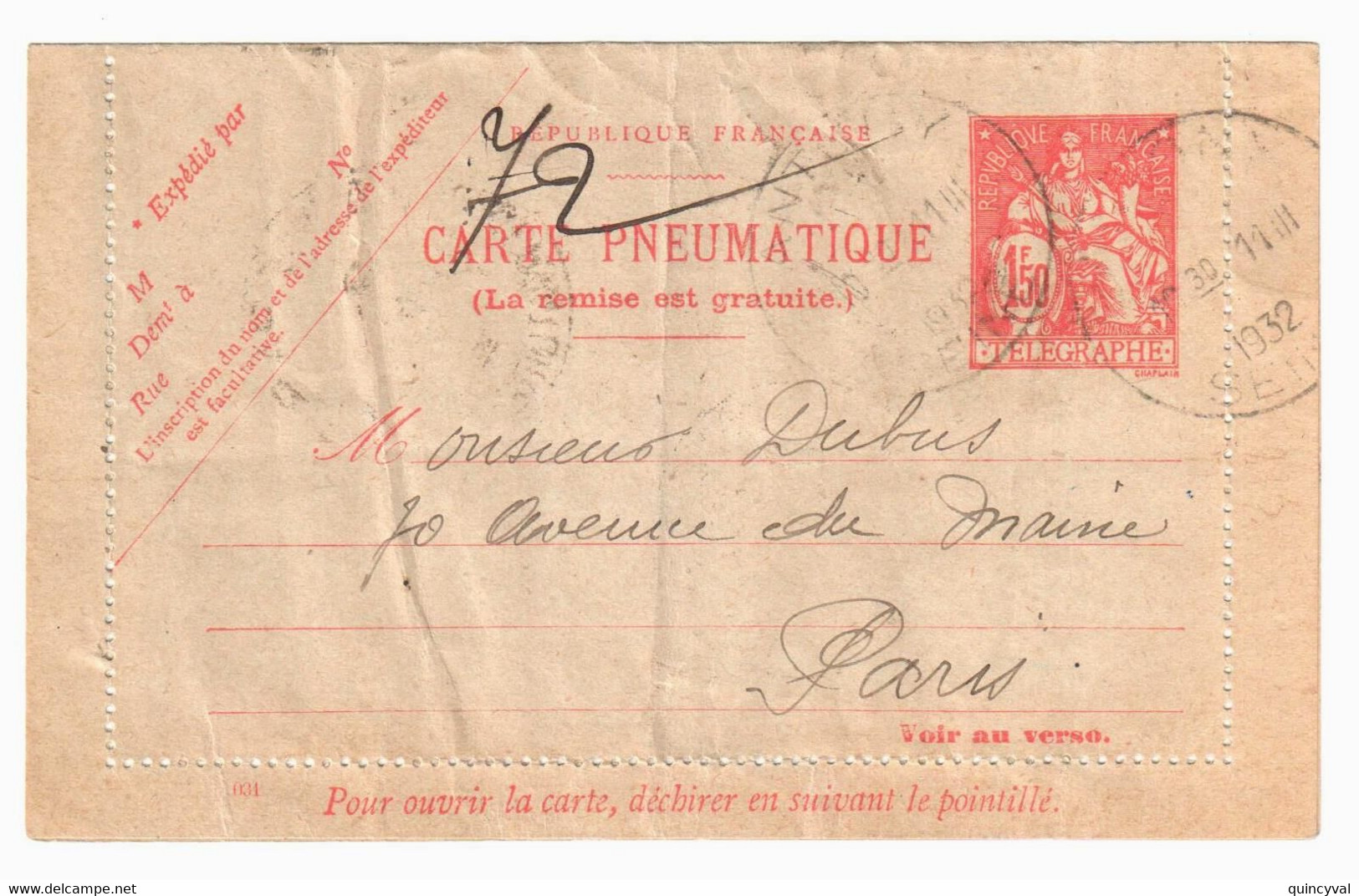 ANTONY Pneumatique Carte Lettre Entier 1,50F Chaplain Dest Paris 72 Yv 2604 CLPP Ob 1931 - Pneumatische Post