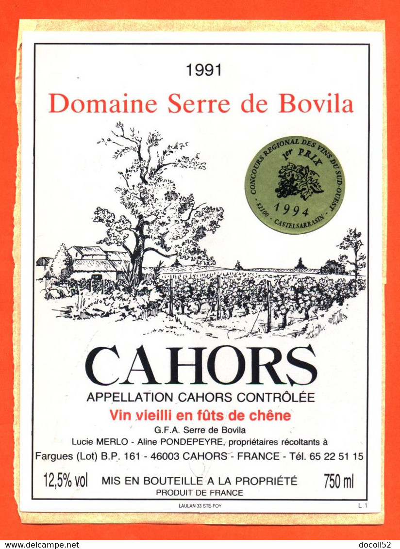 étiquette Sur Support De Vin De Cahors Domaine Serre De Bovila 1991 Pondepeyre à Fargues "  75 Cl - Cahors