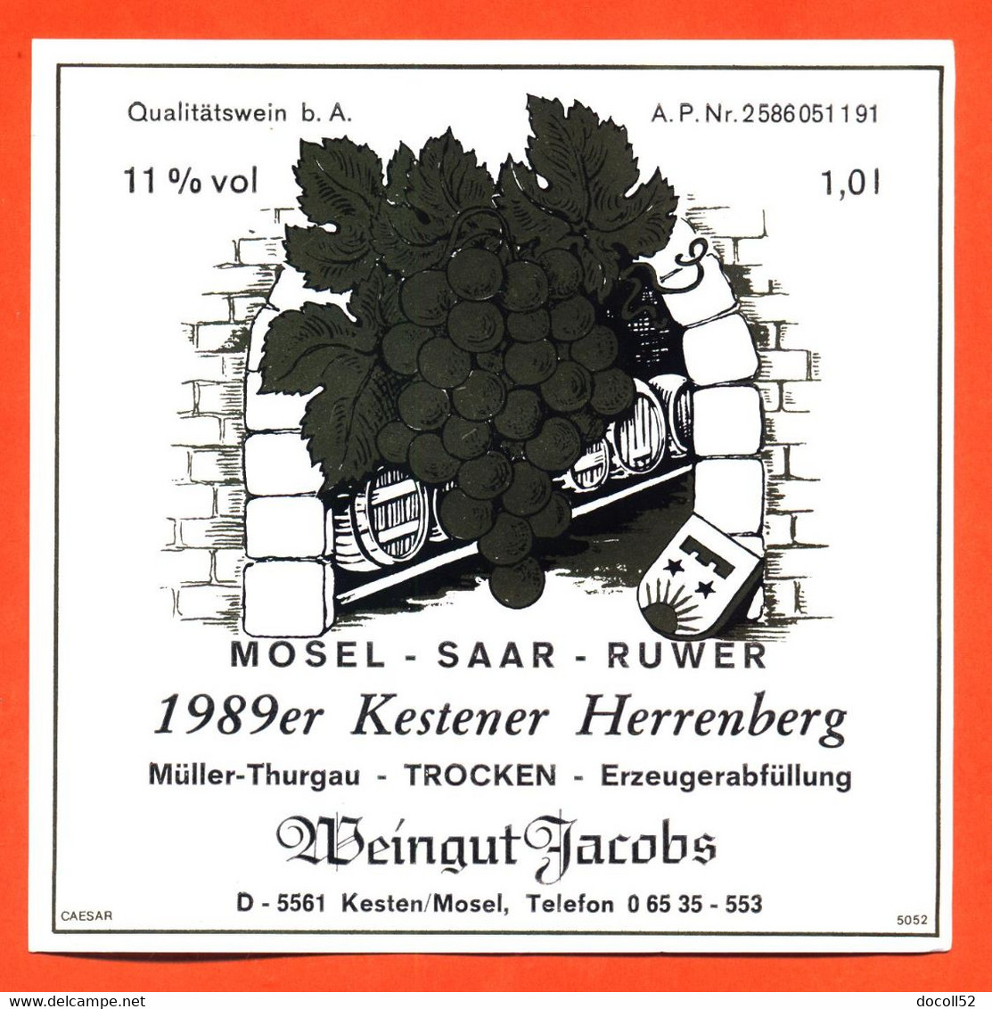 étiquette De Vin De Moselle 1989 Kestener Herrenberg Saar Ruwer Muller à Troc Ken à Vaux - 100 Cl - Vin De Pays D'Oc