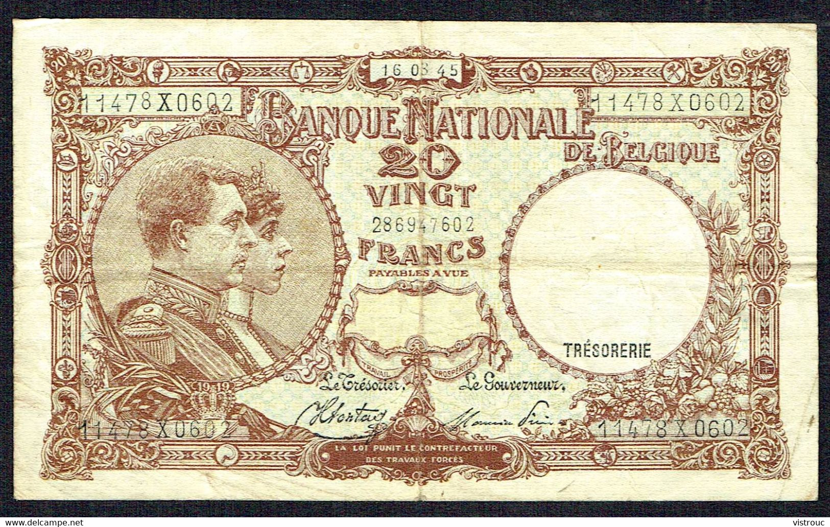 BELGIQUE - 20 Francs - 16/03/1945 - N° 11478X0602. - Andere & Zonder Classificatie