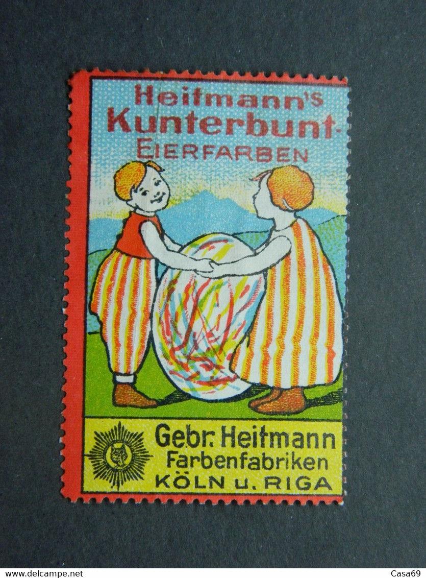 Reklamemarke Kunterbunt Eierfarben - Farbenfabriken Gebrüder Heitmann Köln Riga - Vignetten (Erinnophilie)