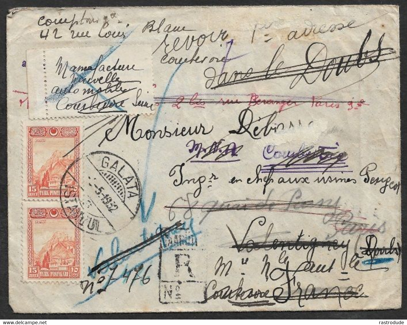 1932 TURKEY - 15gr(2) Yv.704  REGISTERED COVER To FRANCE - REDIRECTED VARIOUS TIMES! - Briefe U. Dokumente