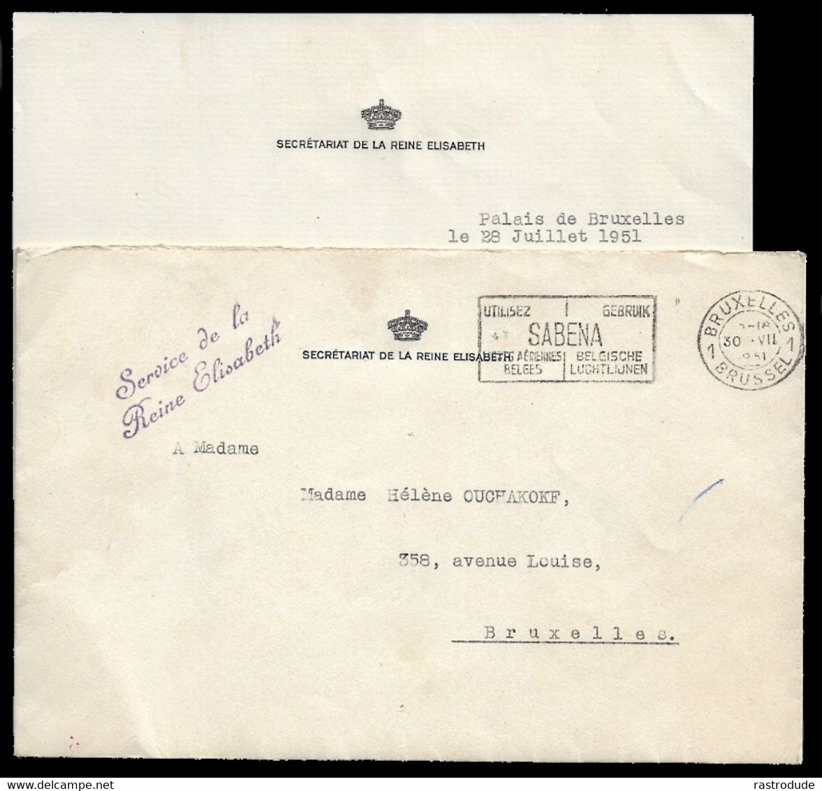 1951 30.07 BELGIQUE - Lettre En Franchise Du SECRETARIAT DE LA REINE ELISABETH - Avec Contenu Signe Par La Secretaire De - Cartas & Documentos