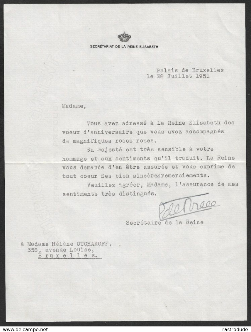 1951 30.07 BELGIQUE - Lettre En Franchise Du SECRETARIAT DE LA REINE ELISABETH - Avec Contenu Signe Par La Secretaire De - Lettres & Documents