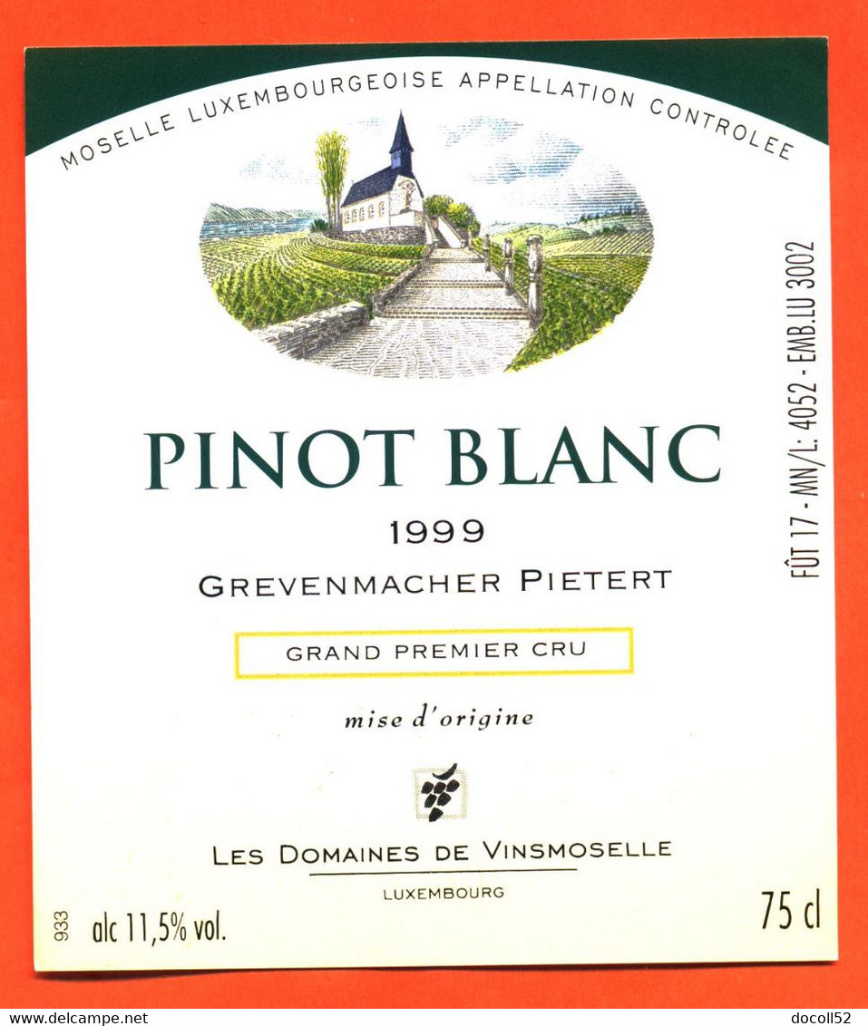 étiquette De Vin De Moselle Luxembourgeoise Pinot Blanc 1999 Grevenmacher Pietert Domaines De Vinsmoselle - 75 Cl - Vin De Pays D'Oc