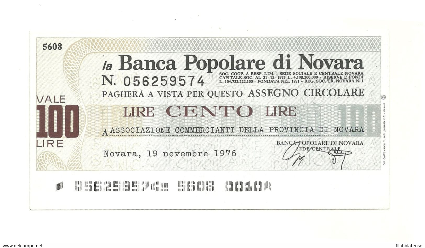 1976 - Italia - Banca Popolare Di Novara - Associazione Commercianti Della Provincia Di Novara - [10] Chèques