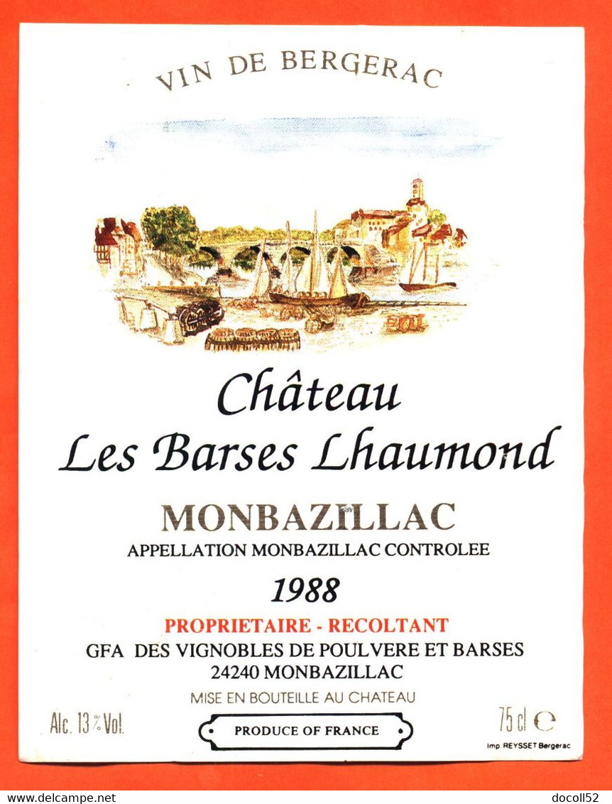 étiquette Vin De Monbazillac Chateau Les Barses Lhaumond 1988 à Monbazillac - 75 Cl - Monbazillac