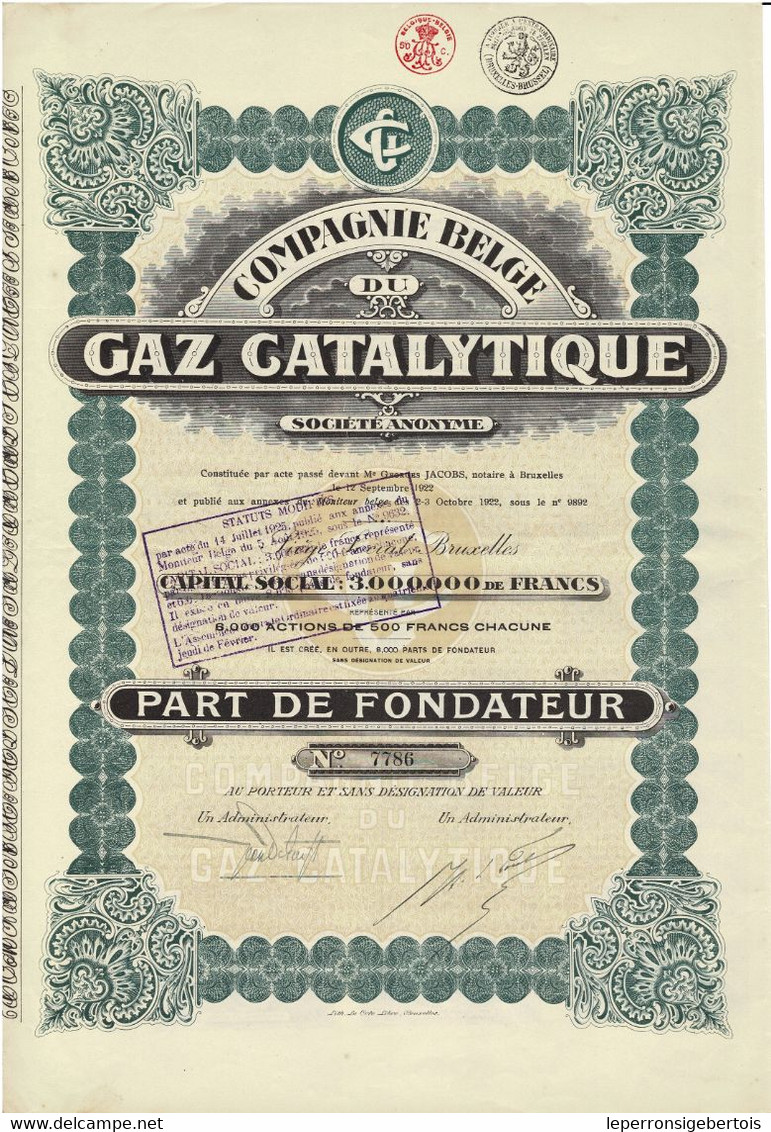 Titre Ancien - Compagnie Belge Du Gaz Catalytique - Société Anonyme - Titre De 1922 - Electricidad & Gas