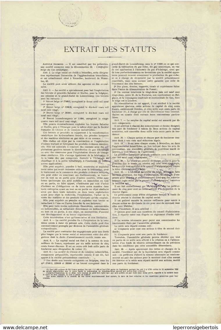 Titre Ancien - Compagnie Belge Du Gaz Catalytique - Société Anonyme - Titre De 1922 - Electricidad & Gas